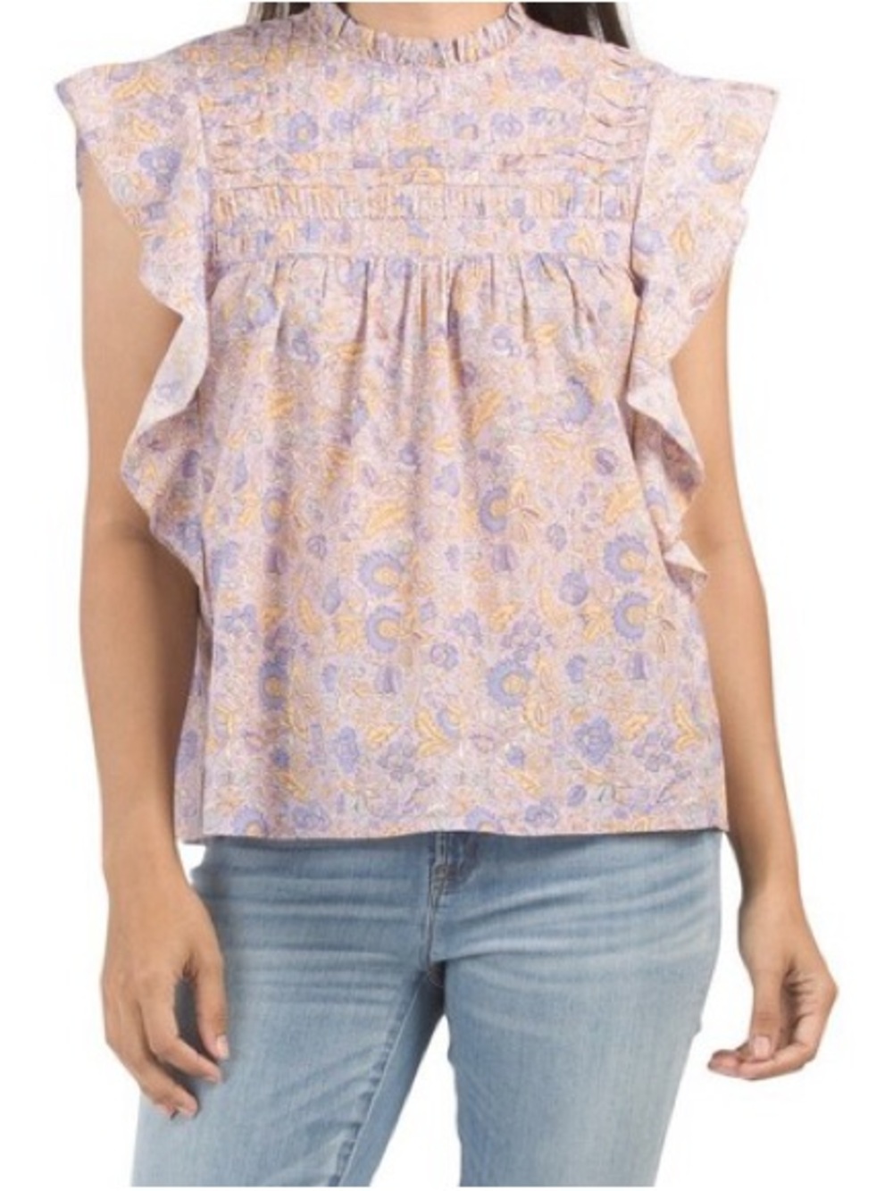 Floral Ruffle Sleeve Women's Top - Lavender/Yellow